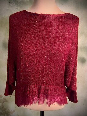 Mechant Burgundy Sequin Knit Lace Hem Sweater Size M
